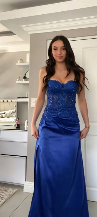Chic Blue Prom Dress Sheath Satin Long Prom Dress DP07562