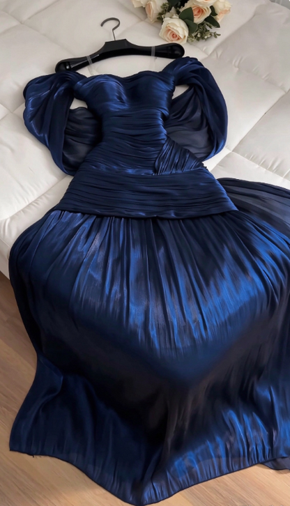 Chic Navy Blue Prom Dress Sheath Satin Long Prom Dress DP07563