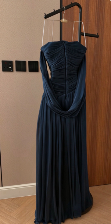 Chic Navy Blue Prom Dress Sheath Satin Long Prom Dress DP07563
