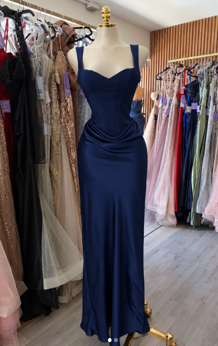 Chic Navy Blue Prom Dress Sheath Satin Long Prom Dress DP07564