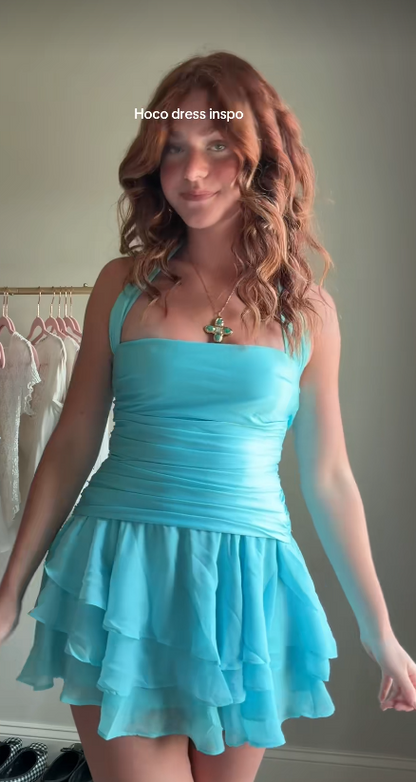 Chic Turquoise Short Homecoming Dress A-line Chiffon Birthday Dress DP07571