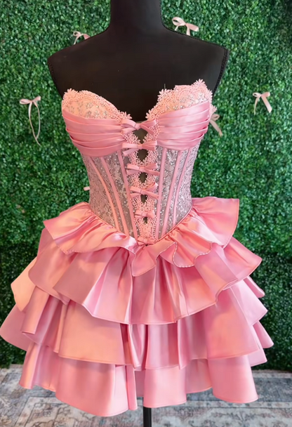 Fashion Pink Short Homecoming Dress Satin A-Line Birthday Party Dress DP07576