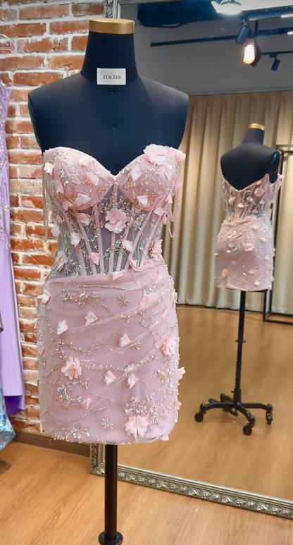 Fashion Pink Short Homecoming Dress Tulle Sheath Birthday Party Dress DP07579