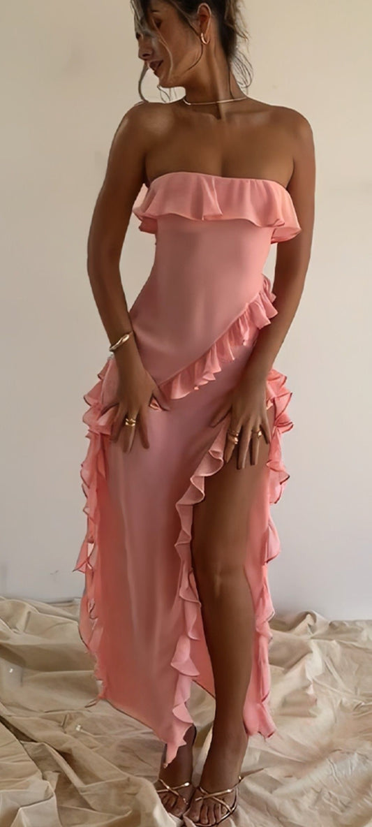 Robe de bal élégante rose poudré, robe de soirée longue fourreau en mousseline DP07594