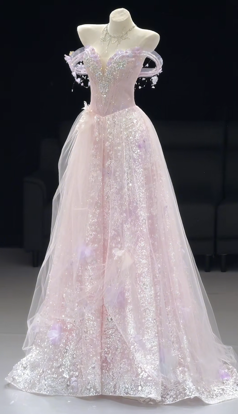 Elegant Light Pink Prom Dress A-Line Tulle Long Evening Dress DP07595