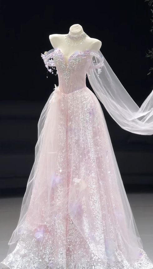 Elegant Light Pink Prom Dress A-Line Tulle Long Evening Dress DP07595