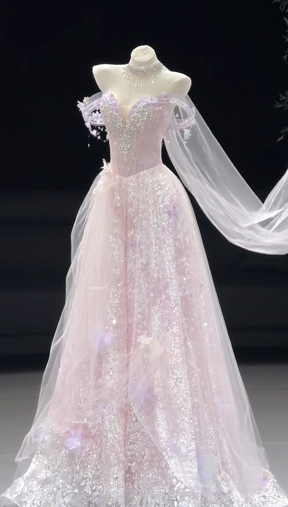 Elegant Light Pink Prom Dress A-Line Tulle Long Evening Dress DP07595