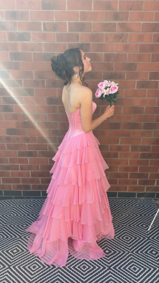 Robe de bal rose élégante, robe de soirée longue en mousseline trapèze DP07597