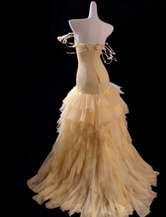 Elegant Yellow Prom Dress Sheath Tulle Long Evening Dress DP07608