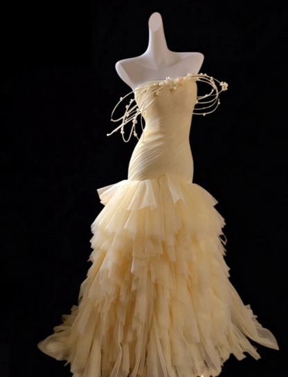 Elegant Yellow Prom Dress Sheath Tulle Long Evening Dress DP07608
