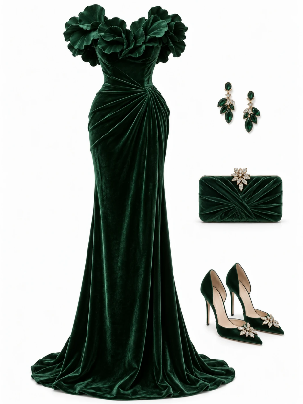Elegantes dunkelgrünes Abschlussballkleid Etuikleid Samt langes Abendkleid DP07613