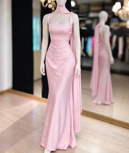 Elegant Pink Prom Dress Sheath Satin Long Evening Dress DP07621