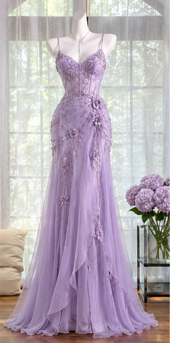 Elegant Lilac Beaded Prom Dress Sheath Chiffon Long Evening Dress DP07622
