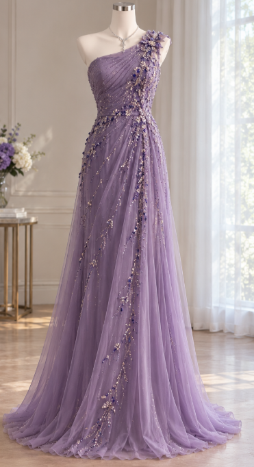 Elegantes fliederfarbenes Abendkleid aus Chiffon mit Perlenstickerei, Etuikleid, lang DP07623