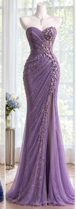 Elegant Lilac Beaded Prom Dress Sheath Chiffon Long Evening Dress DP07624