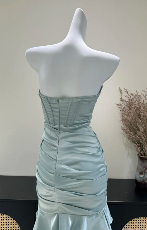 Robe de bal fourreau vintage en satin vert cendré, robe de soirée longue DP07629