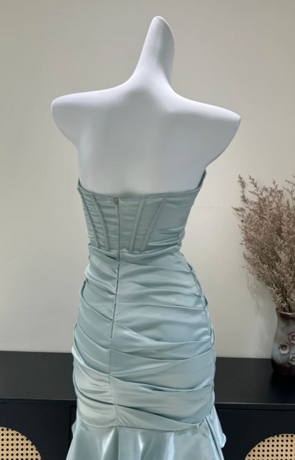 Robe de bal fourreau vintage en satin vert cendré, robe de soirée longue DP07629