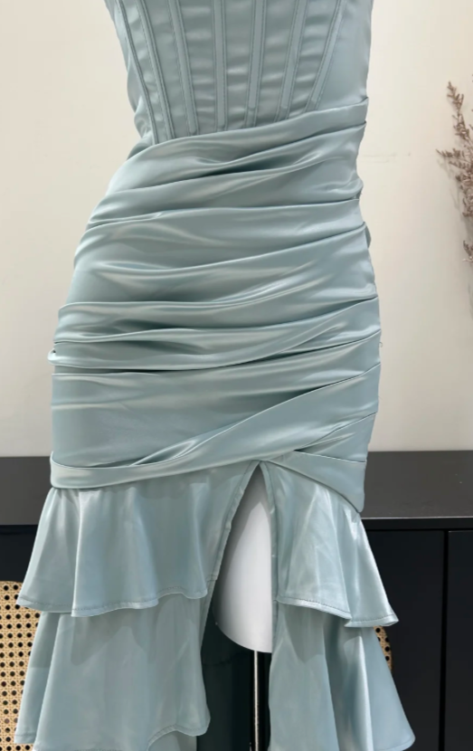 Robe de bal fourreau vintage en satin vert cendré, robe de soirée longue DP07629
