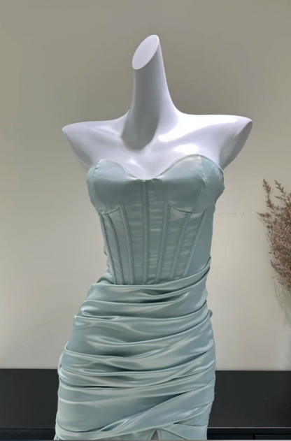 Robe de bal fourreau vintage en satin vert cendré, robe de soirée longue DP07629