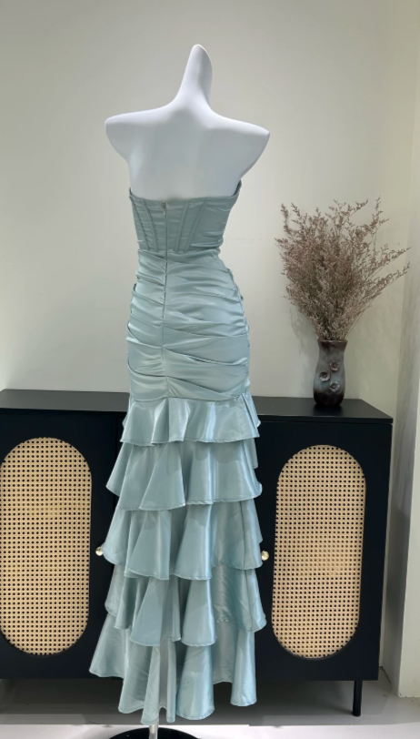 Robe de bal fourreau vintage en satin vert cendré, robe de soirée longue DP07629