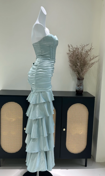 Robe de bal fourreau vintage en satin vert cendré, robe de soirée longue DP07629