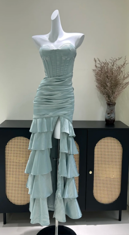 Robe de bal fourreau vintage en satin vert cendré, robe de soirée longue DP07629