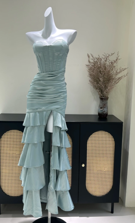 Robe de bal fourreau vintage en satin vert cendré, robe de soirée longue DP07629