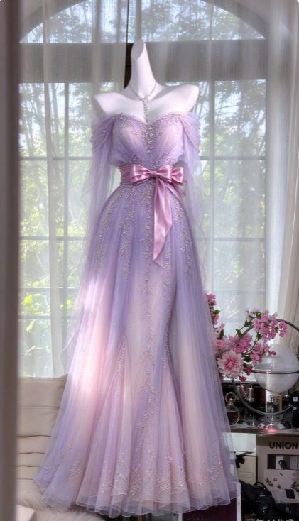 Robe de bal chic lilas trapèze en tulle longue robe de soirée DP07631