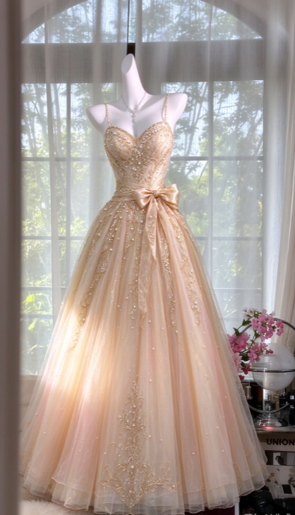 Chic Champagne Prom Dress A-Line Tulle Long Evening Dress  DP07634