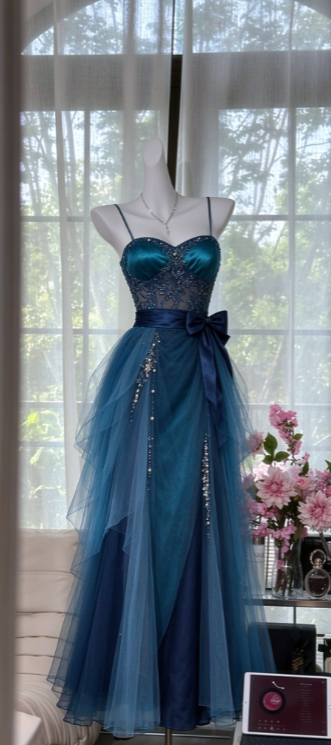 Schickes blaues A-Linien-Abschlussballkleid, langes Tüll-Abendkleid DP07637