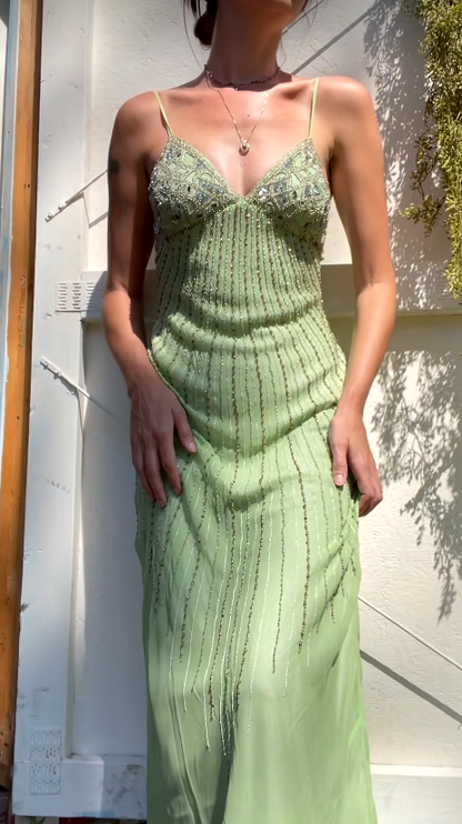 Robe de bal fourreau chic en tulle vert ornée de perles, robe de soirée longue DP07641