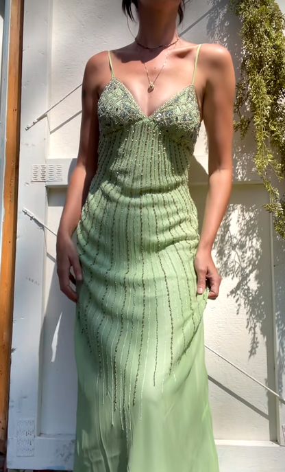 Robe de bal fourreau chic en tulle vert ornée de perles, robe de soirée longue DP07641