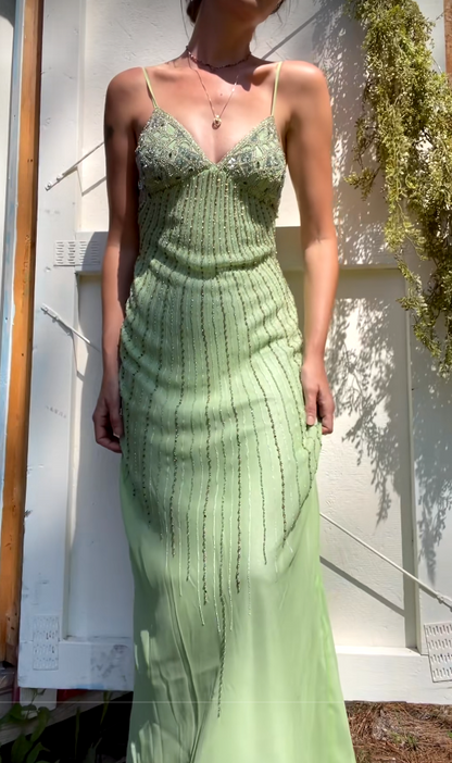 Robe de bal fourreau chic en tulle vert ornée de perles, robe de soirée longue DP07641