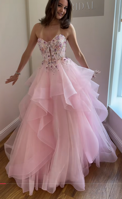 Chic Pink Prom Dress A-Line Tulle Long Evening Dress DP07648