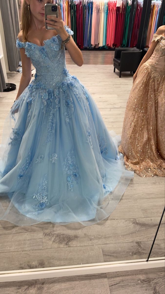 Schickes blaues A-Linien-Abschlussballkleid aus Tüll mit Applikationen, langes Abendkleid DP07650
