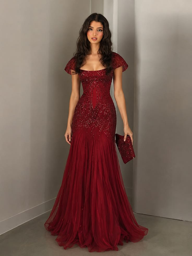Schickes, bordeauxrotes Abschlussballkleid, Etui-Schnitt, Tüll mit Pailletten, langes Abendkleid DP07652
