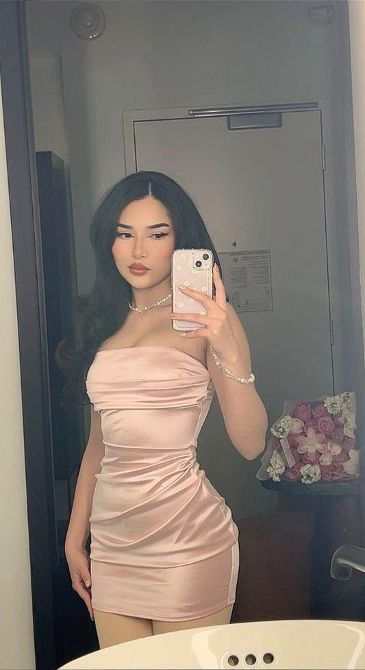 Pretty Pink Short Homecoming Dress Sheath Satin Birthday Dress DP07661
