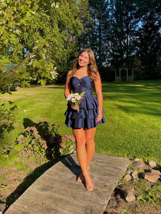 Pretty Navy Blue Short Homecoming Dress A-Line Satin Birthday Dress DP07662