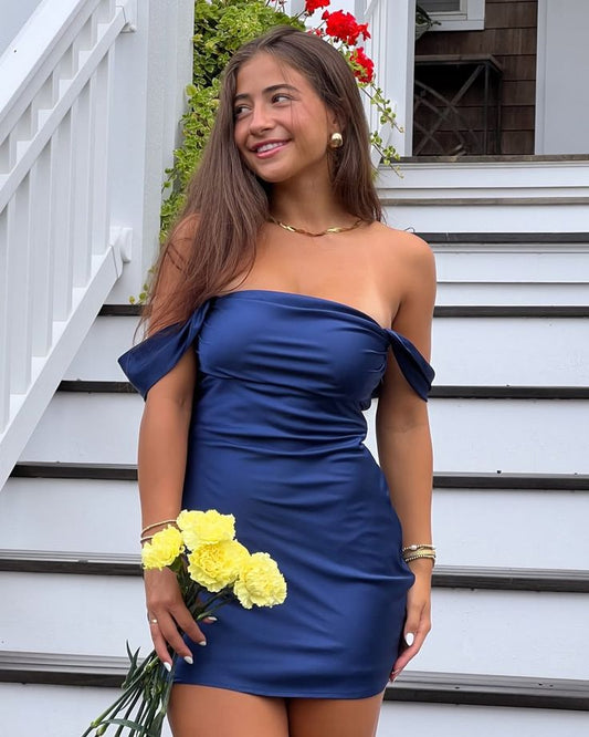 Pretty Navy Blue Short Homecoming Dress Sheath Satin Birthday Dress DP07663