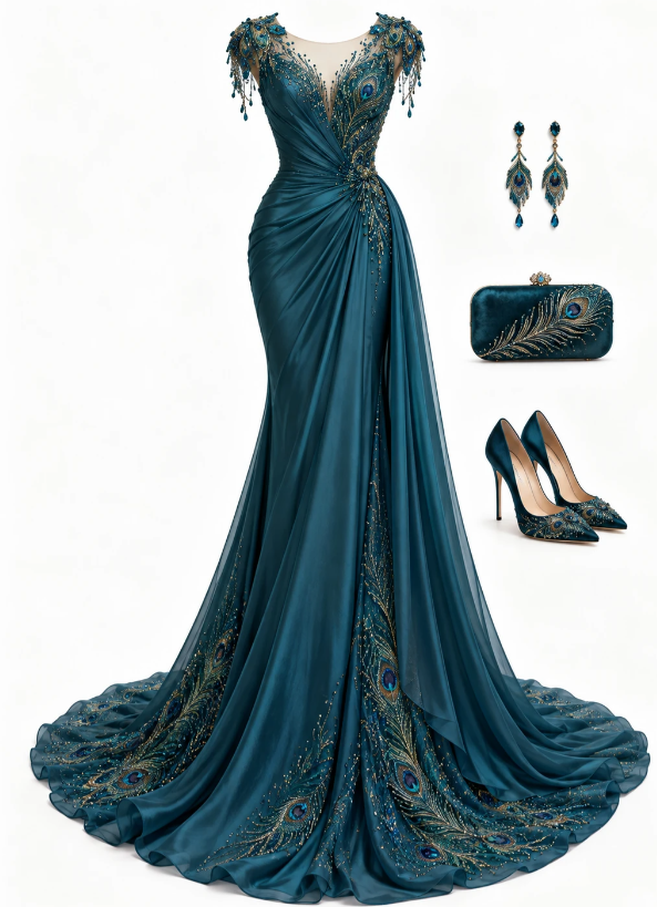Schickes Abendkleid in Pfauenblau, Etuikleid aus Satin, bodenlanges Abschlussballkleid DP07672