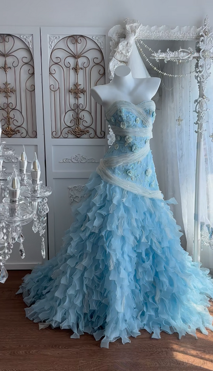 Chic Blue Prom Dress Sheath Tulle Long Evening DressDP07678