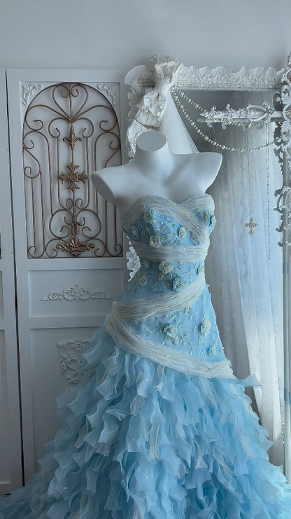 Chic Blue Prom Dress Sheath Tulle Long Evening DressDP07678