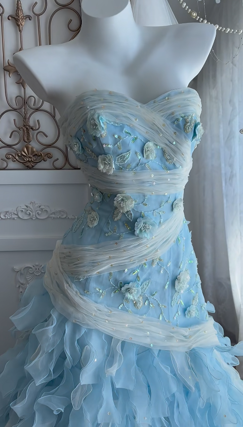 Chic Blue Prom Dress Sheath Tulle Long Evening DressDP07678