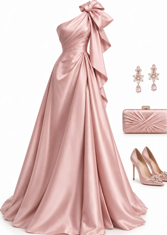 Schickes rosafarbenes A-Linien-Abendkleid aus Satin, lang DP07681