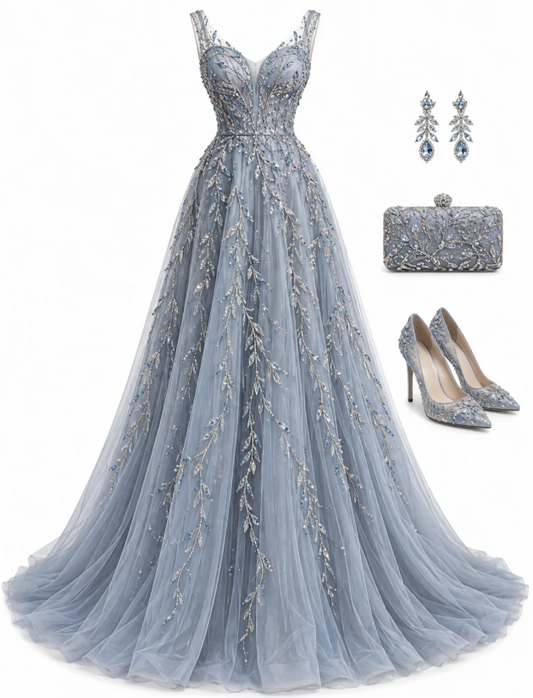 Chic Blue Prom Dress A-Line Tulle Long Evening Dress DP07682
