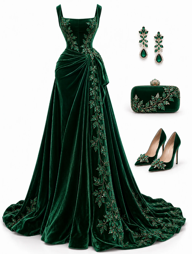 Robe de bal chic en velours vert foncé, robe de soirée longue fourreau DP07685