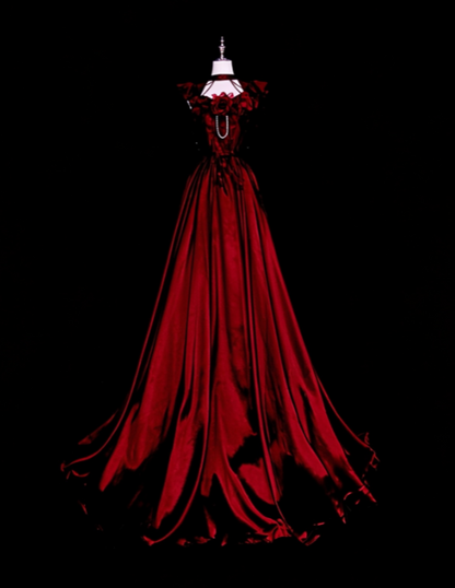 Schickes rotes Abschlussballkleid A-Linie Satin langes Abendkleid DP07688