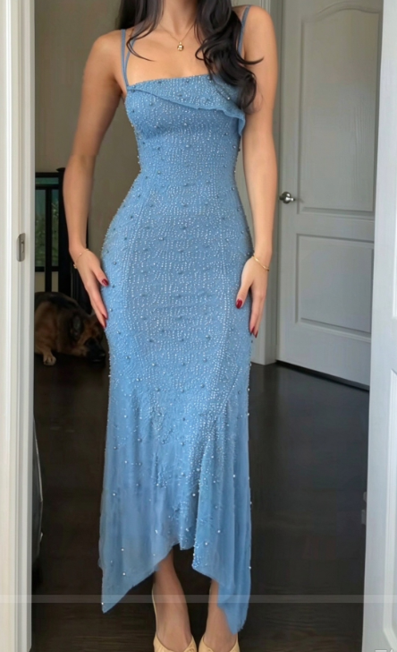 Robe de bal chic bleue fourreau en mousseline longue robe de soirée DP07689