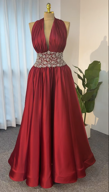 Schickes bordeauxrotes A-Linien-Abendkleid aus Satin, lang DP07694