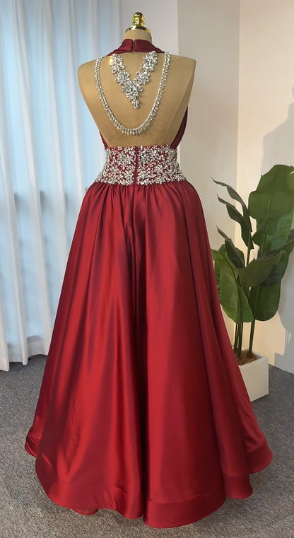 Schickes bordeauxrotes A-Linien-Abendkleid aus Satin, lang DP07694